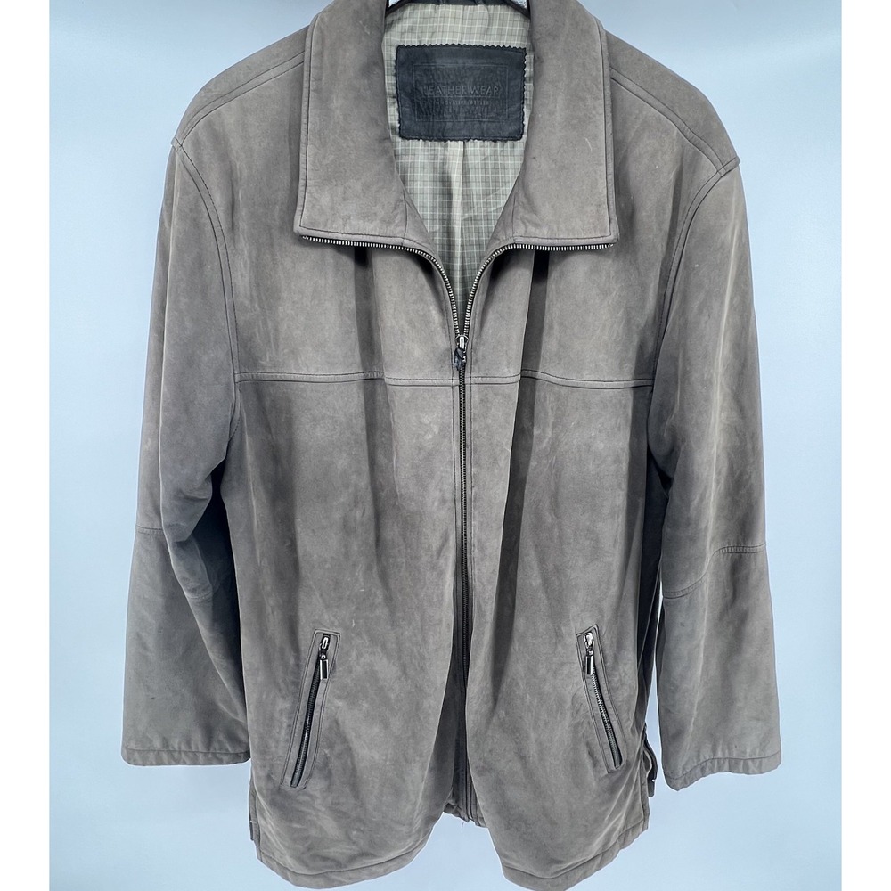 Leather Wear Canda C&A Mens Nubuck Suede Leather Full Zip Jacket Taupe Grey L